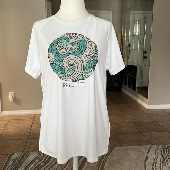 Reel Life Women’s Crew Neck Mesh Back Tee Top - Picture 1 of 9